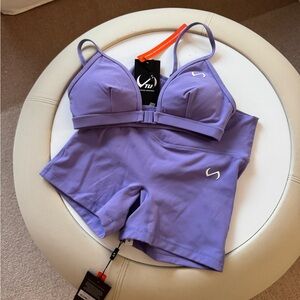 TLF dahlia purple tempo front clasp sports bra & 6 inch workout shorts